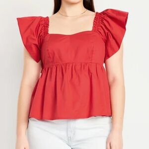 Old Navy Red Smocked Sweetheart Neck Flutter Sleeve Peasant Top Women XL NEW